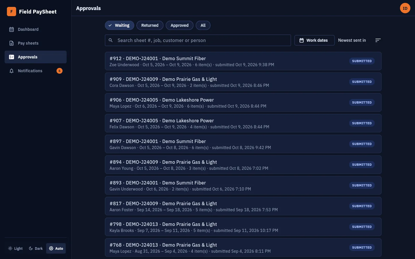 The approvals list in dark mode