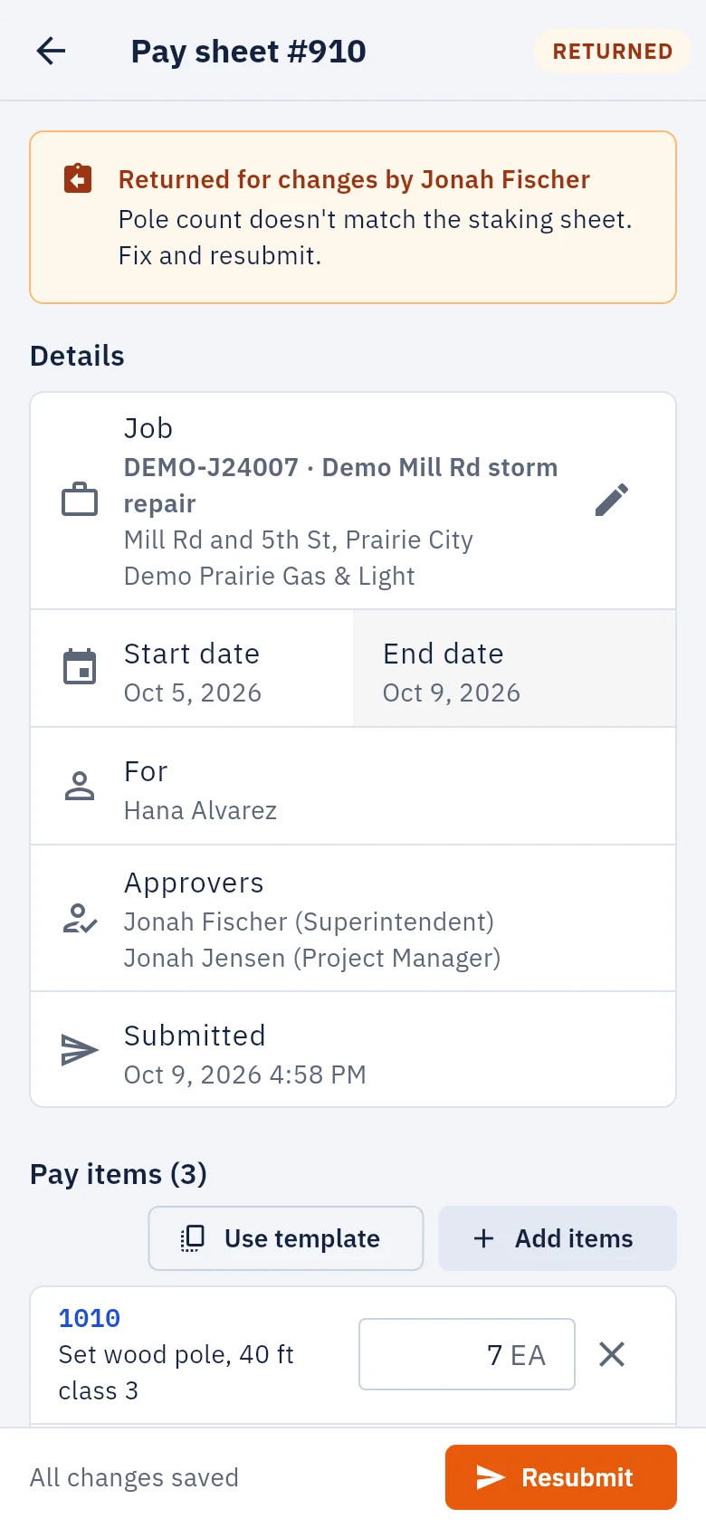 A pay sheet on a phone with its pay items and quantities