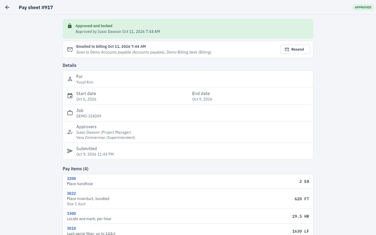 An approved, locked pay sheet showing who the billing email goes to and a Send to billing button